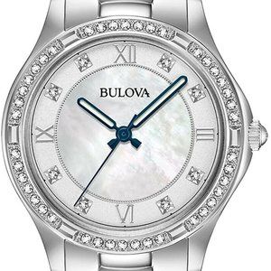 Bulova 96L265 Silver Tone White Mother of Pearl Dial Crystal Accent Womens Watch